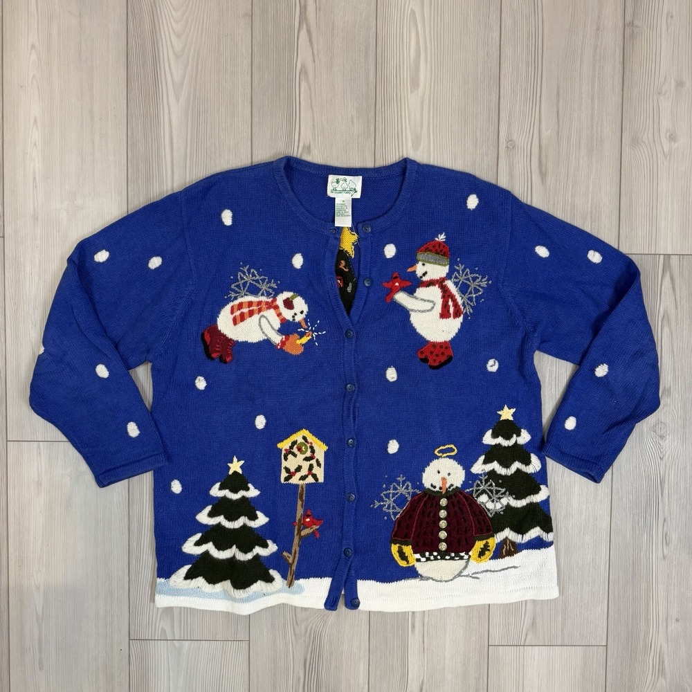 The Quacker Factory 1X Blue Christmas Holiday Cardigan Sweater Snowmen Angels